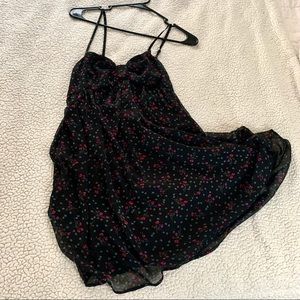 Ditzy Black Baby Doll Dress Red and Green Floral Print